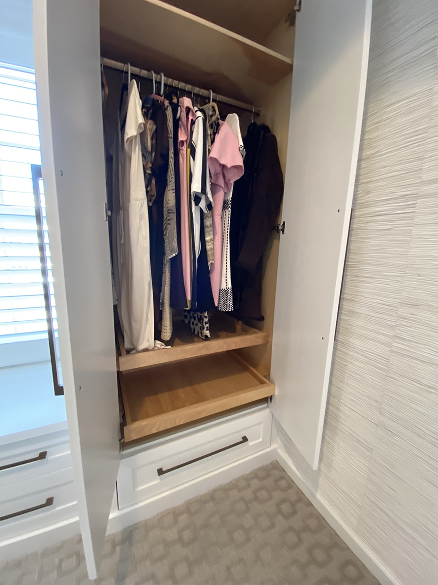 Step 4 slide out scoop drawers in custom wardrobe credit Wendy Scott Boutique Closets and Cabinetry | Innovate Home Org | Columbus, OH #Reachincloset #Designyourcloset #CustomWalkinclosets