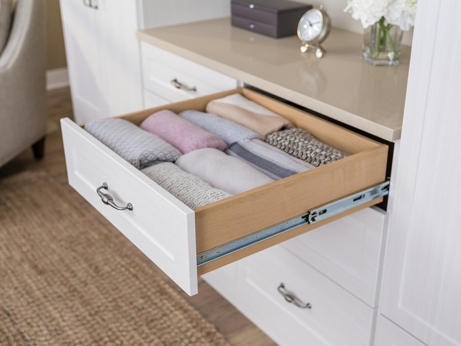 Feature 5 point 1 full extension slow close drawers Innovate Home Org columbus #ClosetDrawers #ClosetIsland #CustomClosetRemodel