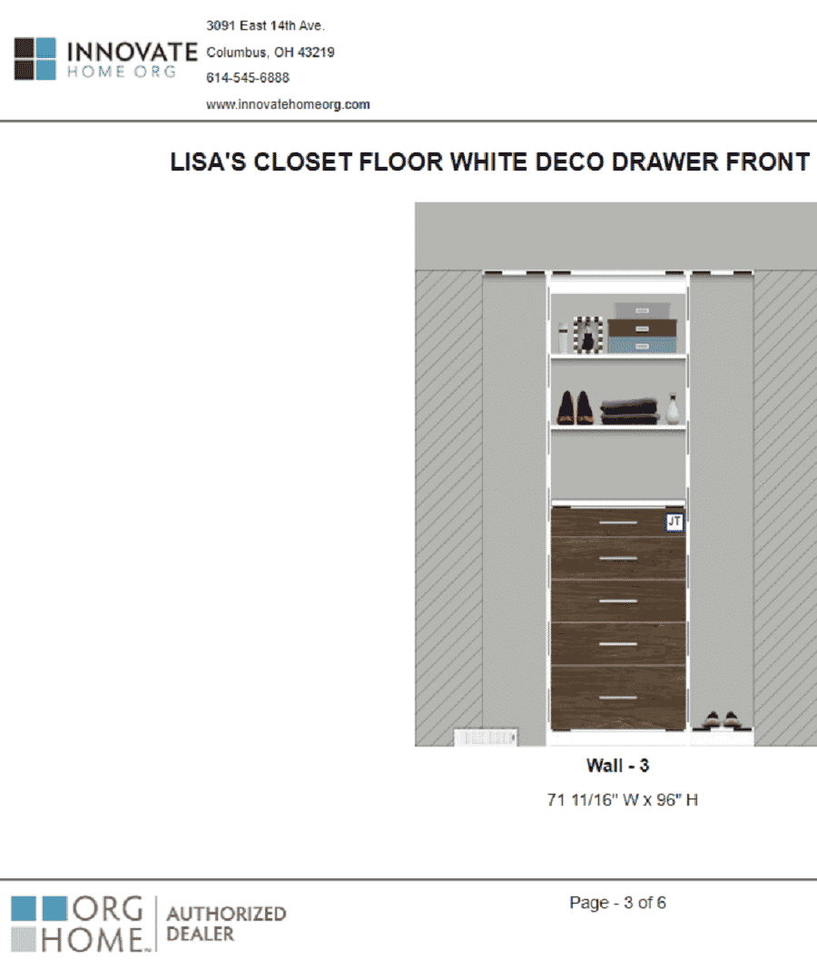 Factor 10 Columbus custom closet design proposal with dimensions Innovate Home Org #CustomCloset #3DCustomClosetLayout #CustomClosetDesign