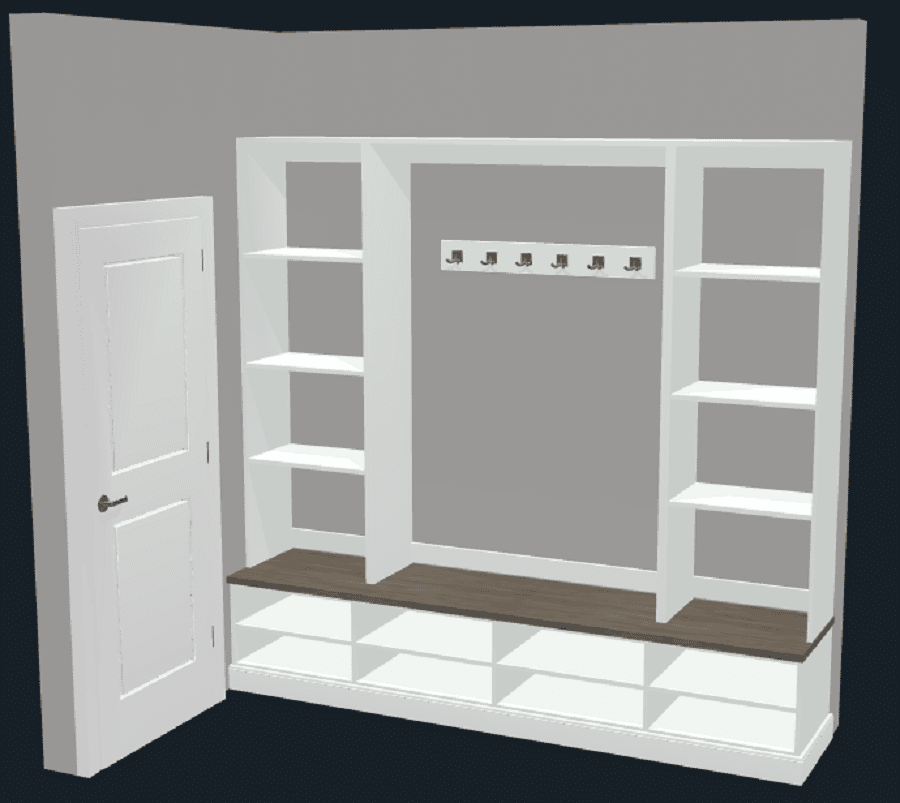 Mudroom design 1 open mudroom shelving and bench seat with hooks 3D design | Dublin, Ohio | Innovate Home Org #MudroomDesign #CustomClosetDesign #MudroomStorage