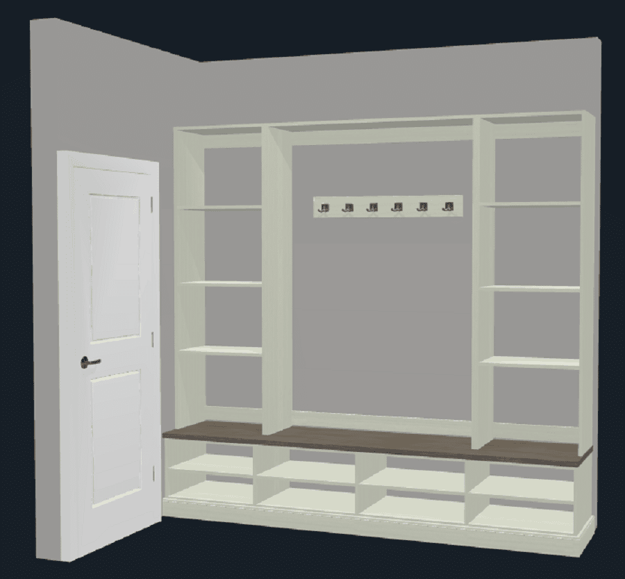 Mudroom design 2 morning mist pattern open mudroom shelving bench seat top Innovate Home Org 3D design | New Albany, Ohio | Innovate Home Org #BuiltInMudroom #BuiltInCabinets #BuiltInStorage