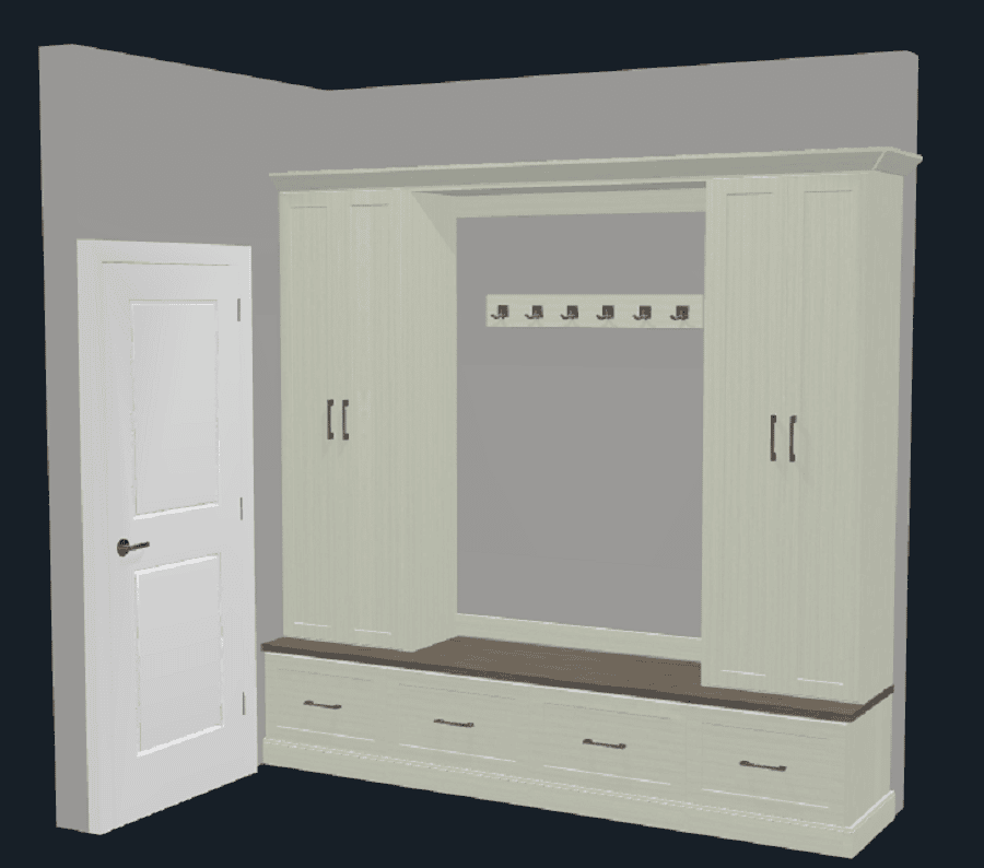 Mudroom design 5 lockers on the sides pull out shaker drawers bench seat top Innovate Home Org 3D design | Gahanna, Ohio #MudroomLockers #MudroomBenchStorage #MudroomOrganization