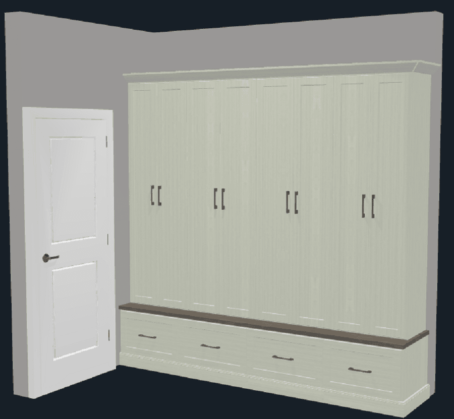 Mudroom design 6 locker room shaker style mudroom lockers with pull out drawers Innovate Home Org 3D design | Blacklick, Ohio #LockerRoomStyleMudroom #3DMudroomDesign #PullOutMudroomDrawers