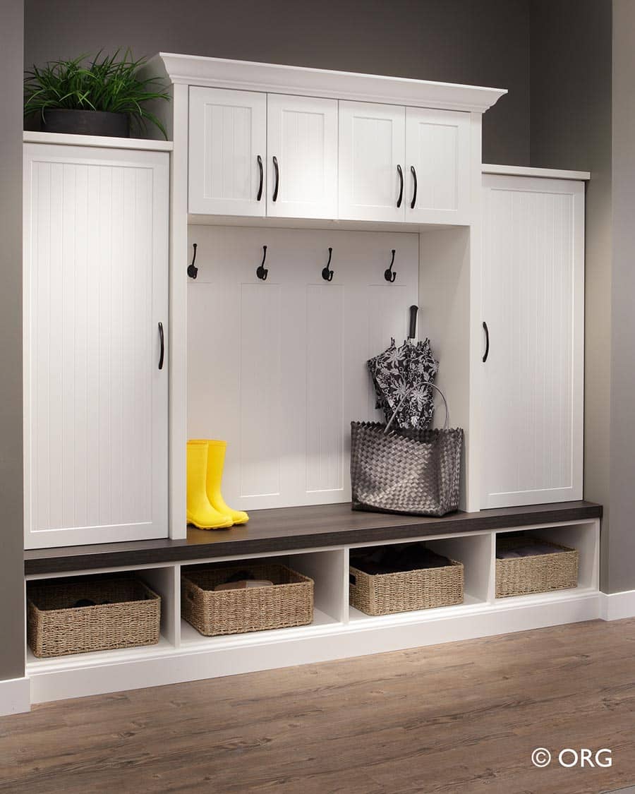 Do 10 - baskets in a transitional mudroom columbus ohio | Innovate Home Org | Storage Organization | Mudroom Storage | Storage Solutions for Entryway