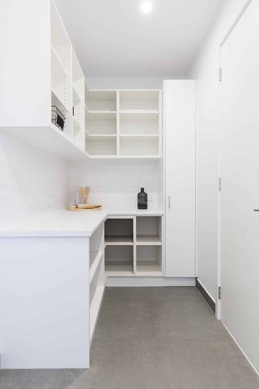 Large walk in butlers pantry storage area in a new home | Innovate Home Org | Columbus, OH | Pantry Room Storage | Home Organization | Prep counter