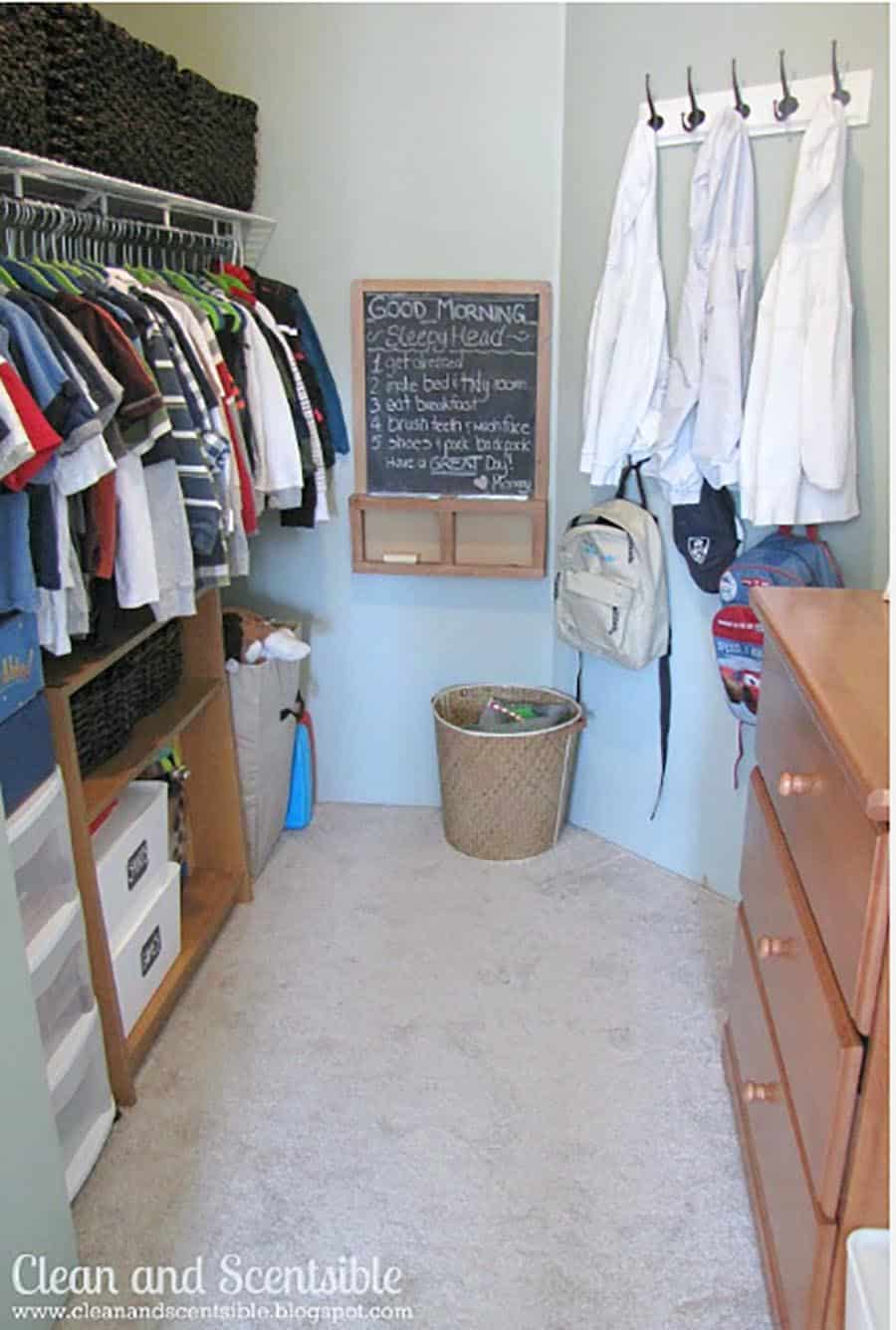 idea 7 hooks in a boys rooms for jackets and bookbags | Innovate Home Org | Columbus Ohio Boys closet design | Custom organization tips