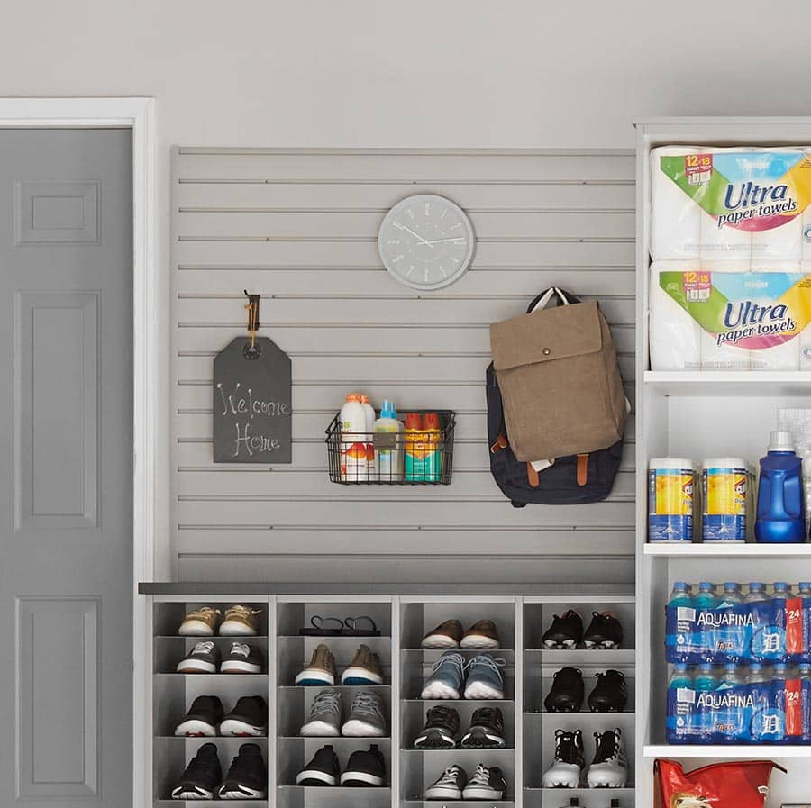 Question 1 counter in Columbus garage mudroom cabinet and shelf design | Innovate Home Org | Storage Organization | Slatewall | Storage Organization | Mudroom Columbus Storage