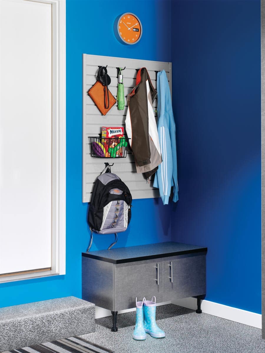 Question 1 slatwall by garage door to hang coats | Innovate Home Org | Storage Organization Systems | Mudroom Entryway | Storage Shoe Shelving