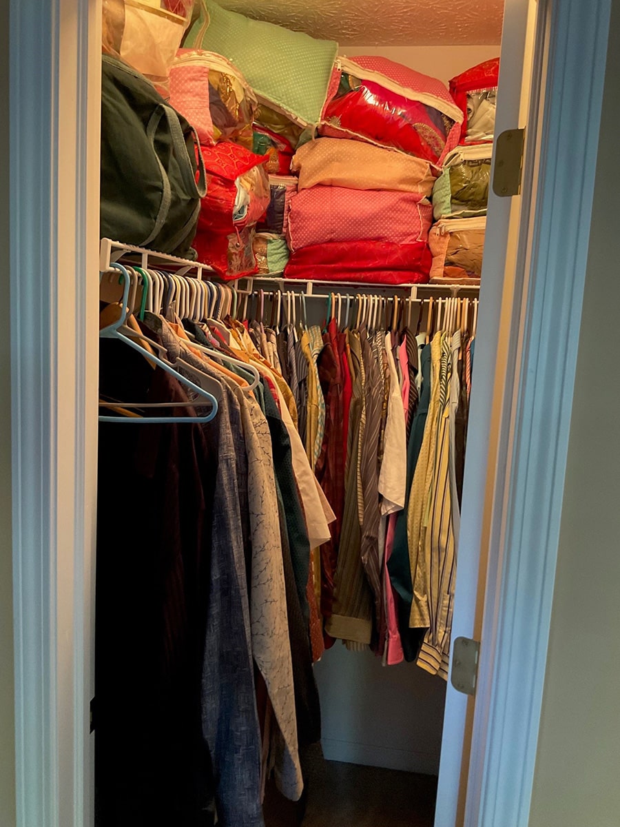 Closet problem 9 - narrow closet with hanging clothes blocking doorway - Innovate Home Org, Johnstown Ohio Custom Closets, Closet Storage Solutions, Custom Closet Design, Custom Reach In Closet