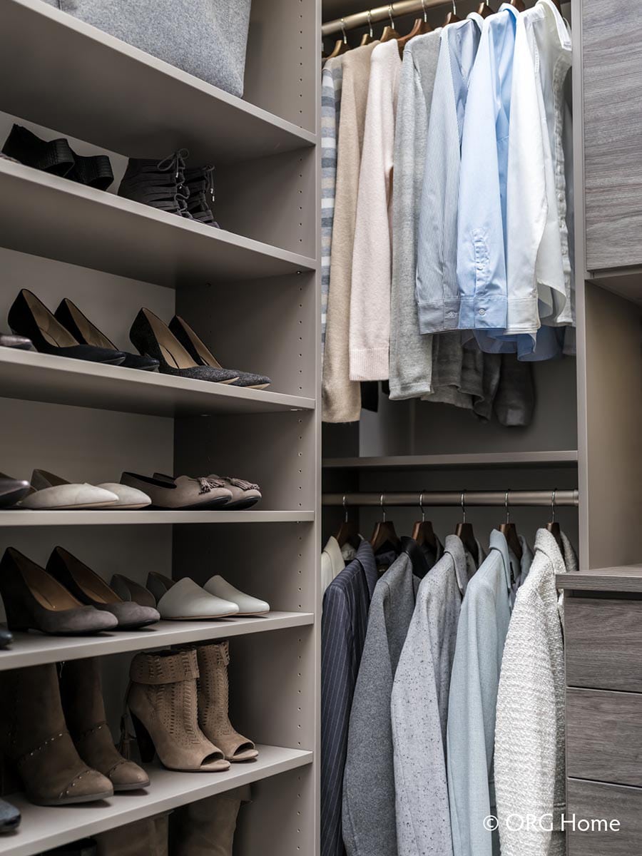 Closet solution 2 hanging perpendicular to shelving Columbus - Innovate Home Org, Closet Design Ideas, Custom Closet, DIY Closet Storage Solutions, Closet Design Tips