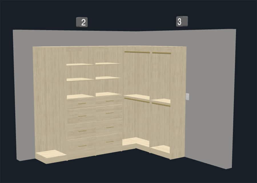 Intro 2 feature wall and right side 3D closet view - Innovate Home Org, Columbus Ohio Closet Storage, Custom Closet Storage Designs, Walk In Closet Systems, Closet Storage System Needs