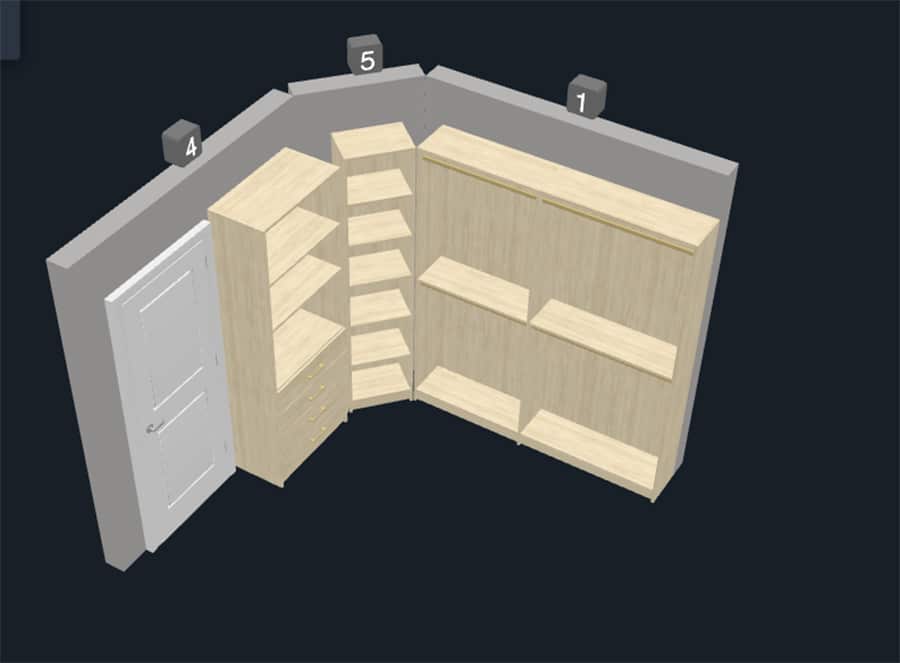 Reason 1 competitors design with different depth sections on the angled wall - Innovate Home Org, 3D Closet Design Concept, Walk In Custom Closet, Closet Storage Systems, Personal Walk In Closet Needs