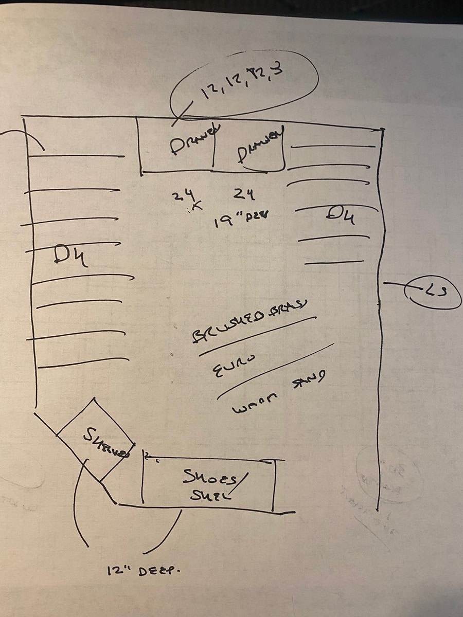 Reason 8 concept drawing on the first appointment before 3D closet design - Innovate Home Org, Columbus Ohio Closet Designs, Custom Closet Storage, Walk In Closet Needs, Closet Shelves And Cabinets