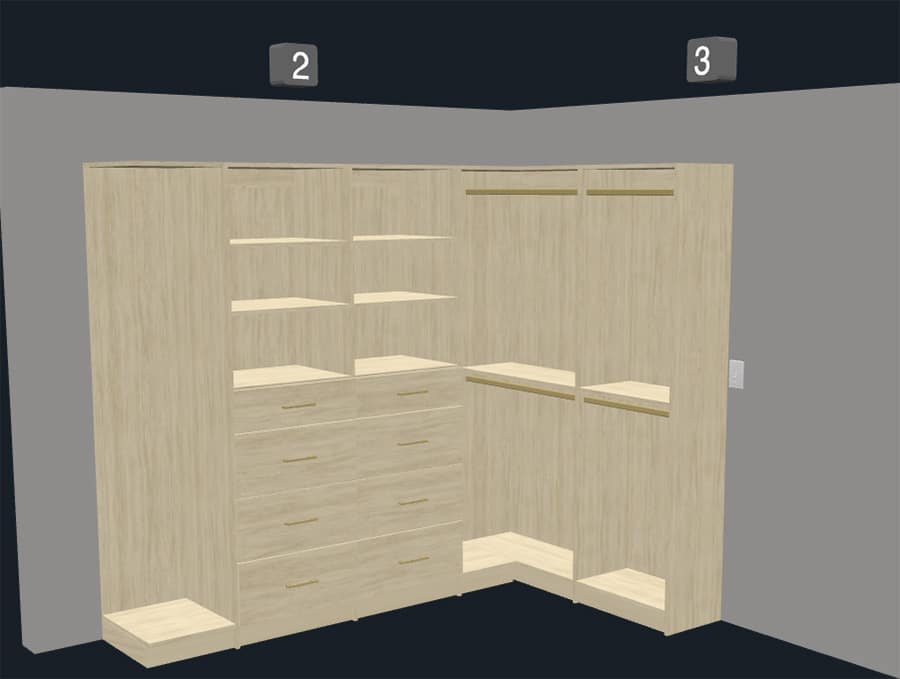 Reason 8 wider double hang section in the corner for better access 3D closet design - Innovate Home Org, Closet Storage System Needs, 3D Closet Designs, Closet Shelves and Drawers, Walk In Closet Storages