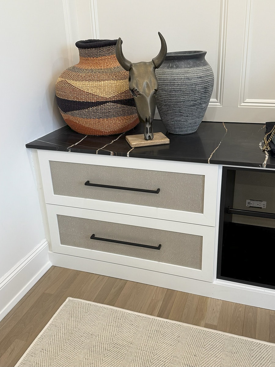 Section 3 feature 3 vegan leather drawer front credit Timeless Closets and Cabinetry - Innovate Home Org, Upper Arlington Custom Closets, Closet Storage System Designs, Home Storage Systems, Custom Walk In Closets