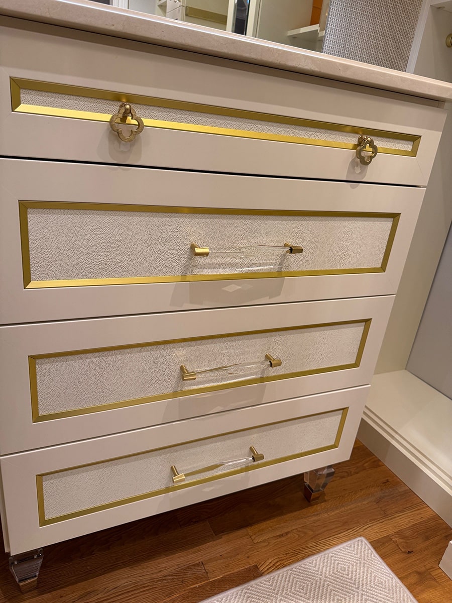 Section 3 feature 7 aluminum bars vegan leather drawer front credit Timeless Closets and Cabinetry - Innovate Home Org, Columbus Ohio Closet Storage Options, Closet Drawer Designs, Home Storage Systems, Closet Drawers And Shelves
