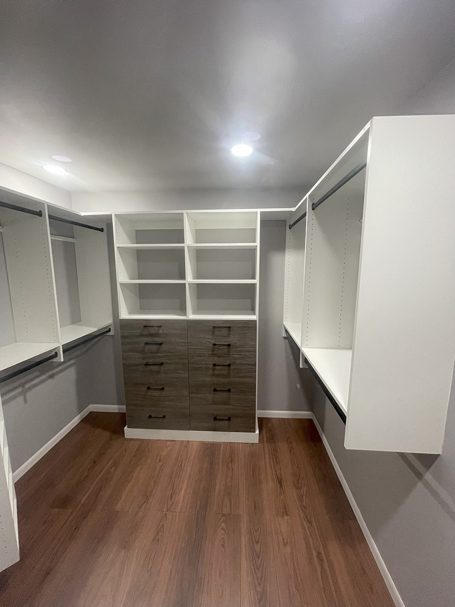 Section 3 tip 2 - 8 foot closet system top shelf at 84 inches off the floor - Innovate Home Org, Modern Closet Storage Ideas, Custom Home Storage Concepts, Bigger Closet Designs, Finding Extra Storage