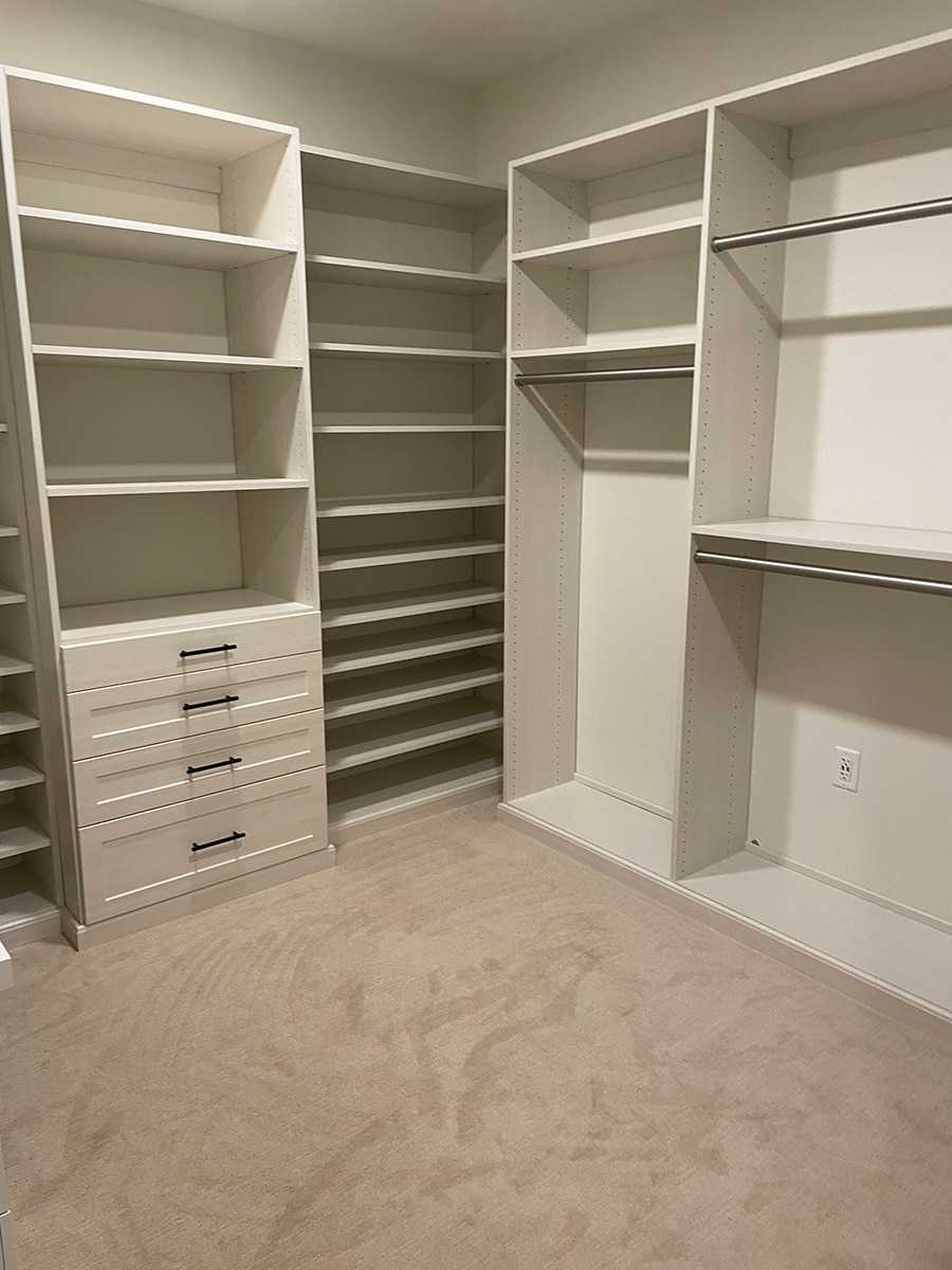 Section 3 tip 9 earth toned closet in morning mist - Innovate Home Org, Upper Arlington Home Storage, Color Theory, Custom Closet Designs, Home Closet Shelves And Drawers