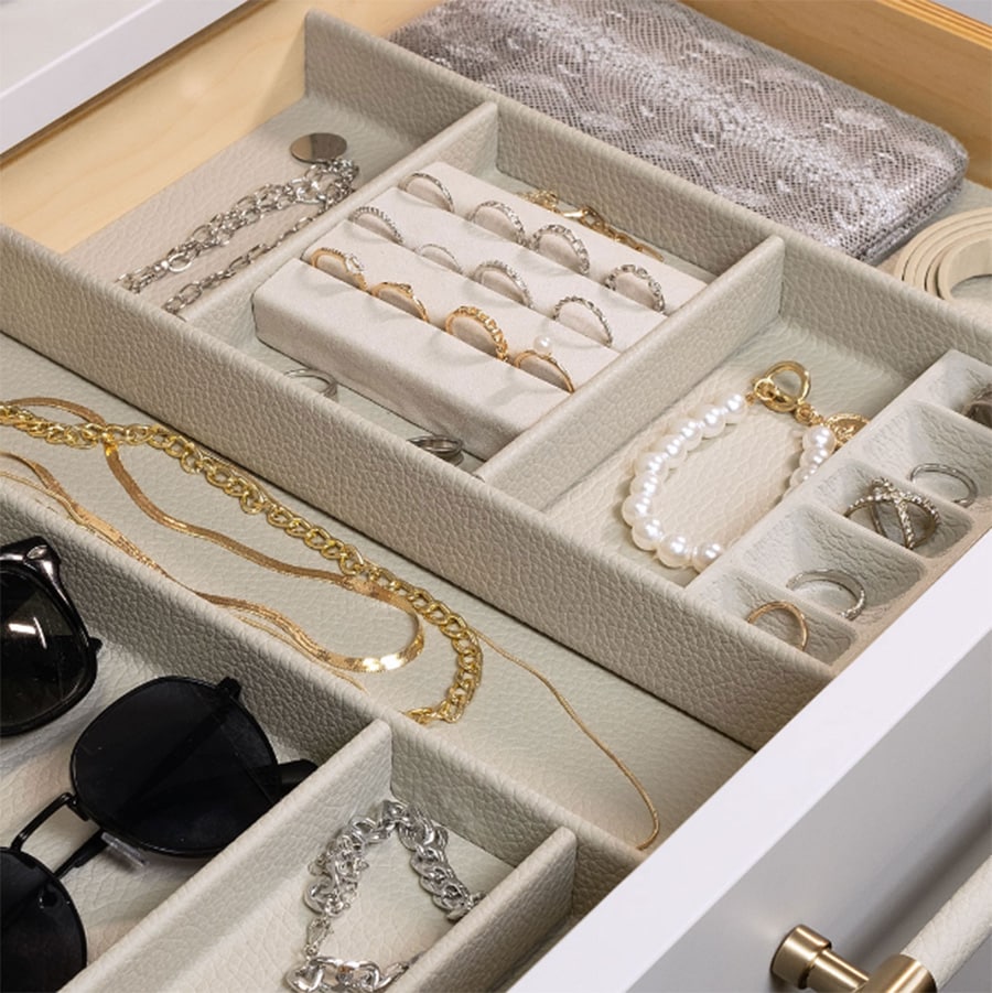 Overused featured 8 adjustable faux leather jewelry tray - Innovate Home Org, Home Closet Needs, More Storage Options, Closet Drawers And Shelves, Custom Walk In Closets